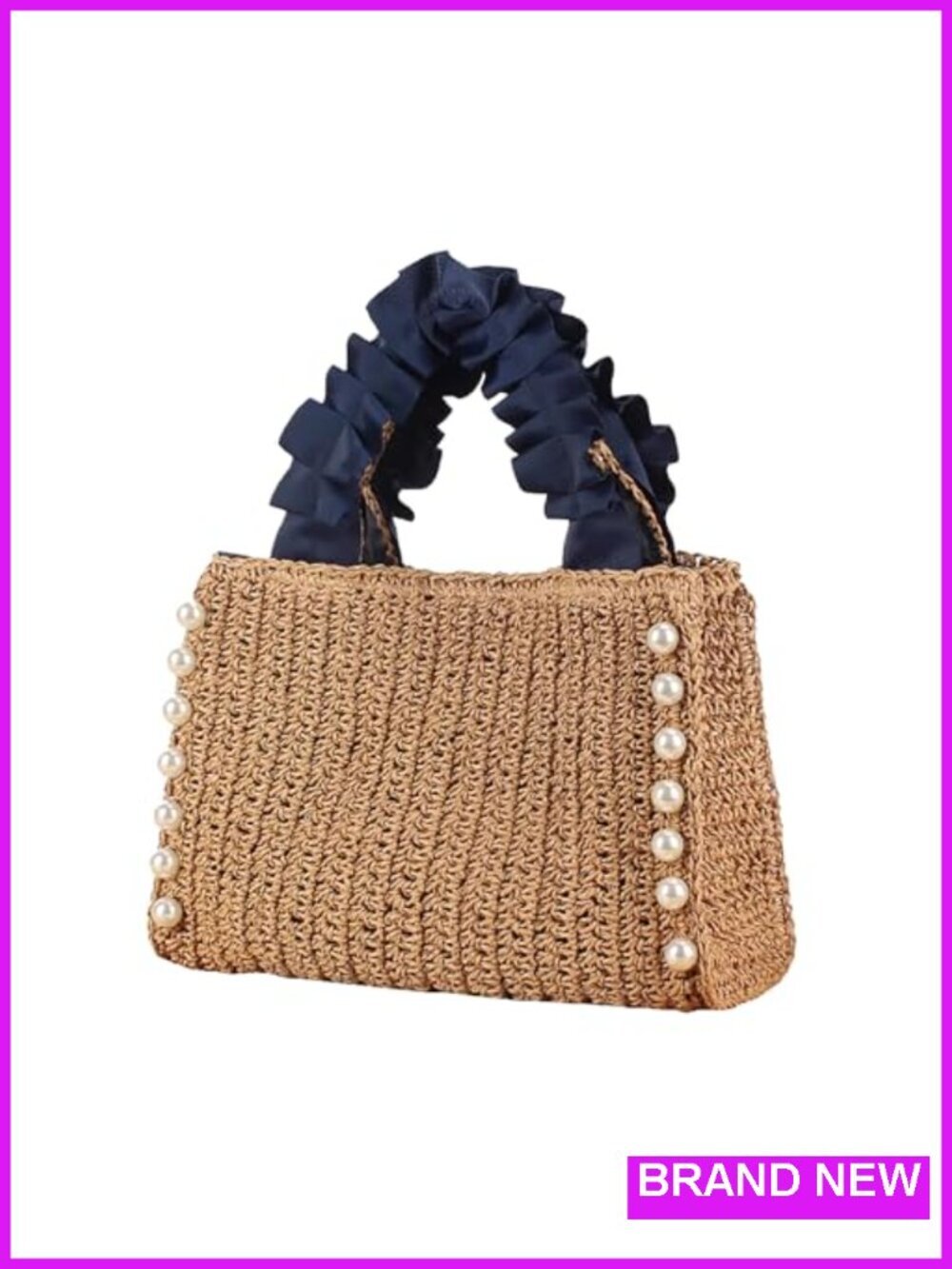 Straw Tote Bag with Pearls Woven Handbag Summer Beach Bag for Women